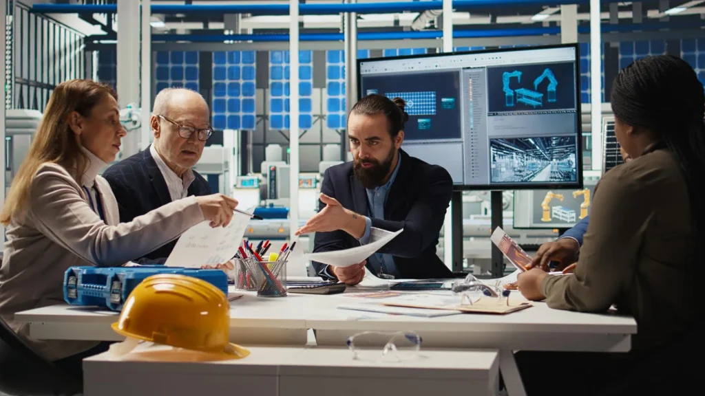 Engineers and architects collaborating around a table with blueprints and a yellow safety helmet, discussing a 3D model displayed on a screen in a high-tech workspace